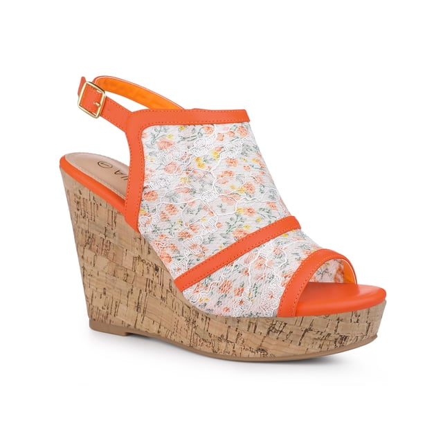 BLISSFUL STEP Chaussures pour Femmes Sandales Compensées à Bout Ouvert à Plateforme avec Lacets Fleur Orange 9