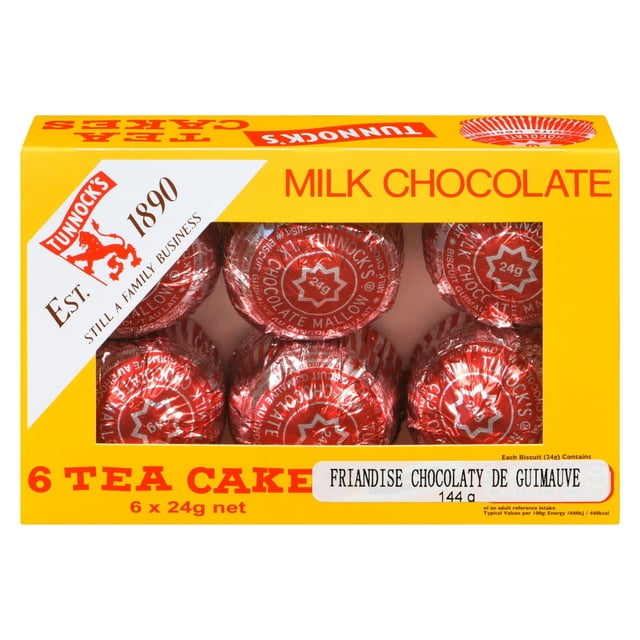 Tunnocks Milk Chocolate Teacakes box with six individually wrapped tea cakes in red foil, featuring a biscuit base topped with marshmallow and covered in milk chocolate. The yellow packaging displays the brand's red lion logo, 'Est. 1890', and net weight 144 g, ideal as an everyday dessert cake or snack.