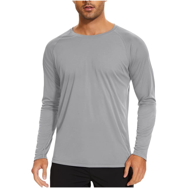 QIPOPIQ Mens UPF 50+ UV Sun Protection Shirt in grey, featuring a long sleeve design with a tag-free collar and flat-lock seams for comfort. Made from lightweight, quick-drying, and moisture-wicking fabric, this rash guard offers UPF 50+ protection against harmful UV rays. Ideal for outdoor activities like fishing, hiking, swimming, and running.