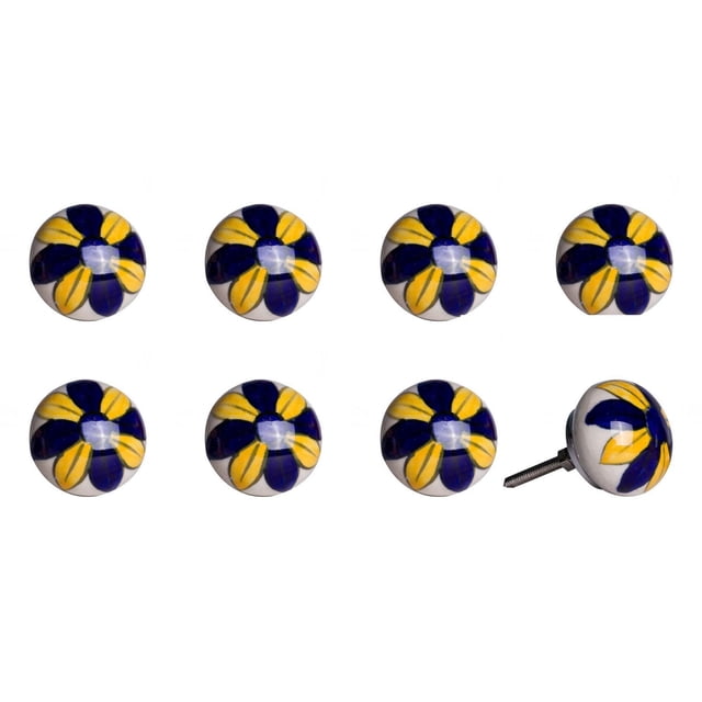 KNOB-IT vintage handpainted ceramic knobs 8 pack with 1.5-inch round knobs featuring blue and yellow floral patterns on white ceramic, each includes a 1.25-inch bolt suitable for cabinets and drawers, one knob shown from the side displaying the metal bolt