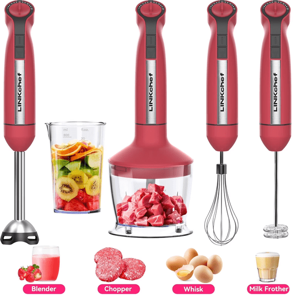 LINKChef Mélangeur à Immersion, 1000 W 20 Vitesses 5-en-1 Mélangeur à Main à Immersion avec Mode Turbo, Mélangeur à Bâton Résistant aux Rayures pour Robot Culinaire pour Bébé et Hachoir (Rouge)