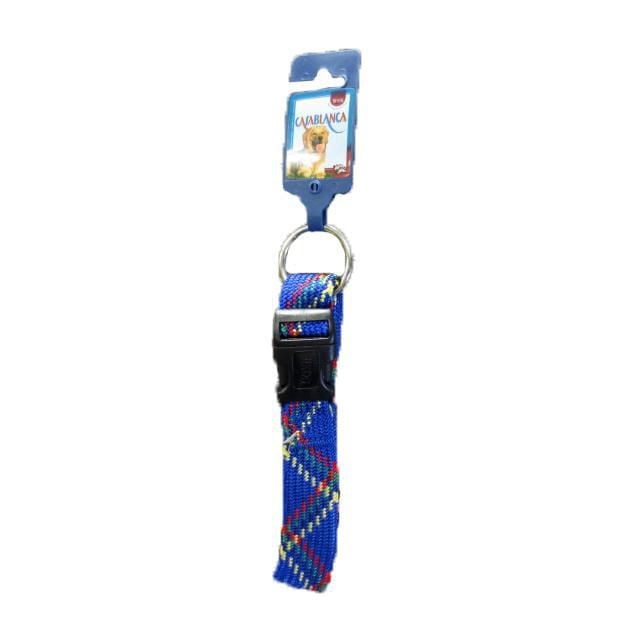 Trixie Adjustable Casablan Dog Collar in blue woven nylon with multicolored plaid pattern, adjustable from 40 to 65 cm, featuring a black plastic buckle and metal D-ring, suitable for dog training and everyday wear.
