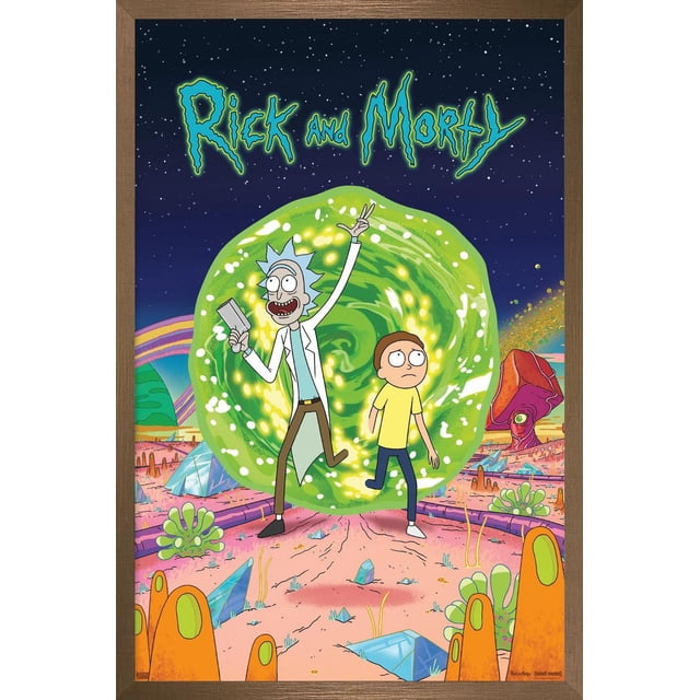Rick And Morty - Affiche Murale de Couverture, 22,375 Pouces x 34 Pouces Représentant des Personnages Animés Rick And Morty Debout devant un Portail Tourbillonnant Vert Lumineux sur un Paysage Extraterrestre Coloré avec des Cristaux et des Plantes sous un Ciel Nocturne Étoilé, Encadrée en Bois, Idéale pour la Déco de la Maison et l'Art Mural.