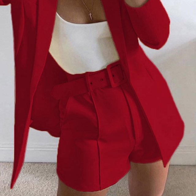 LOVZFMLL Women's Solid Suit Pant With Pockets Waisted Shorts With Belt Red XXL