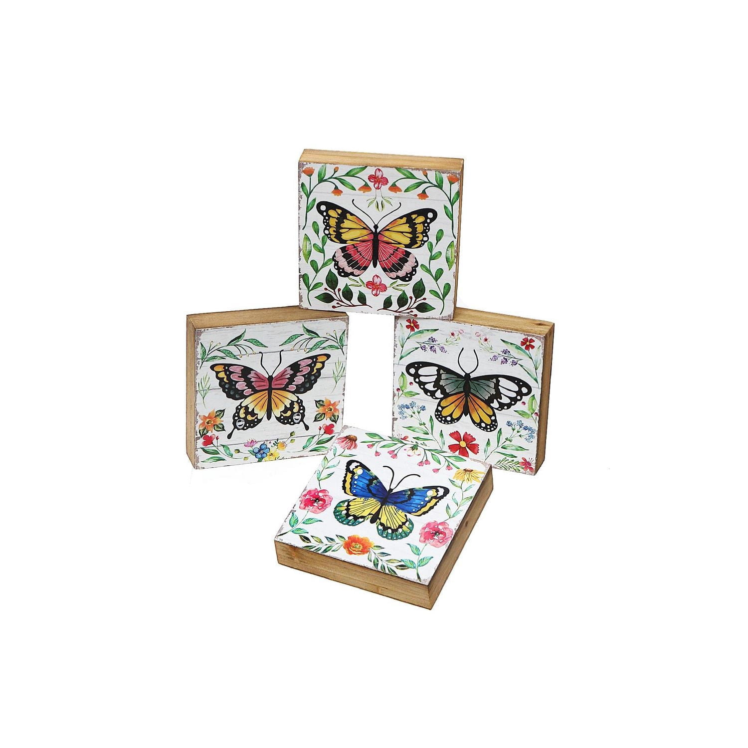 IH Casa Decor Carré En Bois Blocks Papillon Asstd - Ensemble De 4