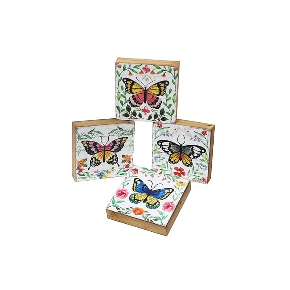 IH Casa Decor Square Wood Blocks Butterfly Asstd - Set of 4