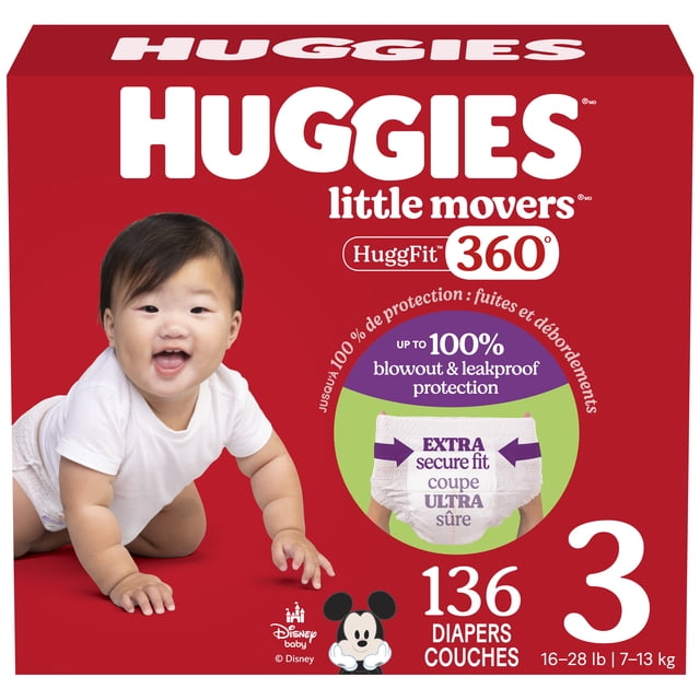 Huggies Little Movers HuggFit 360° Baby Diapers size 3 package with 136 diapers, featuring a crawling baby wearing a white diaper on a red background, highlighting 360° leak protection, extra secure waistband, and up to 100% blowout and leakproof protection for babies 16-28 lb (7-13 kg).