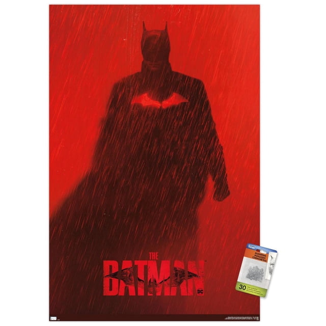 DC Comics Film The Batman - Affiche Murale Teaser Batman en une Feuille, 14,725 Pouces x 22,375 Pouces, Représentant une silhouette Sombre de Batman avec des Oreilles Pointues et un Emblème de Chauve-Souris Lumineux sur Sa Poitrine sous la Pluie sur un Fond Rouge, avec le Titre « The Batman » en Lettres Rouges Audacieuses au Bas, Convient à l'Art Mural et à la Déco Intérieure.