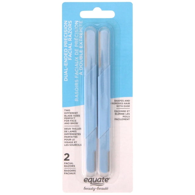 Equate Beauty Rasoirs Faciaux de Précision à Double Extrémité, Lot de Deux, avec Manches Minces Bleu Pâle et Capuchons de Sécurité Protecteurs, Offrant Deux Tailles de Lames avec Filets de protection pour Prévenir les Entailles, Conçus pour une Mise en Forme Précise des Sourcils et l'Épilation du Visage à la Maison Ou en Déplacement.