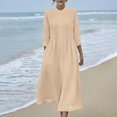 thumbnail image 1 of Robes Maxi en Coton et Lin pour Femmes, Robe Tunique à Boutons Col Ras du Cou Manches Longues Plissée Ligne a Fluide Longues Robes Robe Chandail pour Femmes Décontractée Kaki P, 1 of 9