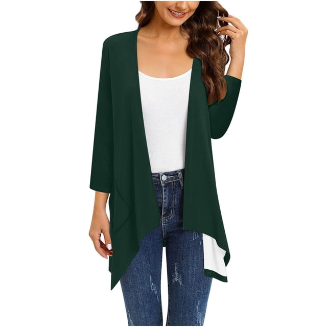 Mrat Sheer Cardigan for Womens 3/4 Sleeve Tops with Pocket Solid Irregular Flowy Jacket S-86 Army-Green 3XL