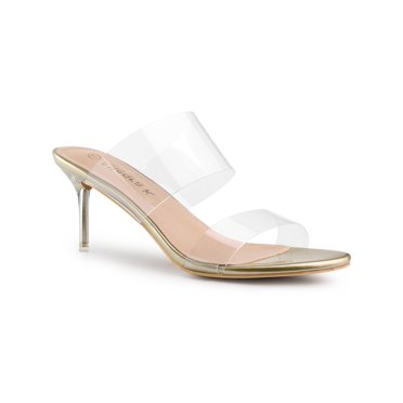 BLISSFUL STEP Sandales à Talons Aiguilles Transparentes pour Femmes à Bout Ouvert à Enfiler Or 6