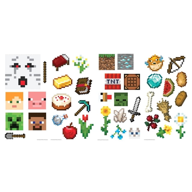 RoomMates Minecraft Peel and Stick Wall Decals featuring multicolour pixelated Minecraft icons including characters, tools, blocks, food, flowers, and weapons arranged on a white background, suitable for decorating smooth, flat surfaces in home décor and furniture.