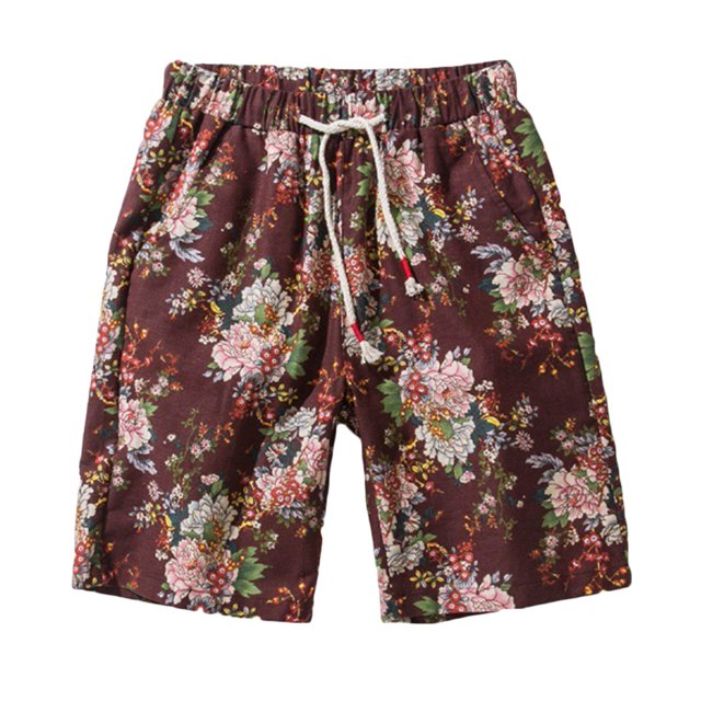 Short de Plage Décontracté en Coton et Lin à Cordon Style Ethnique Floral Beige TG