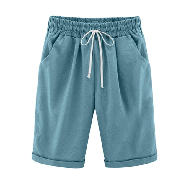 Timegard Shorts for Women Plus Size Cotton Linen Elastic Waist Drawstring Ruched Casual Loose Shorts