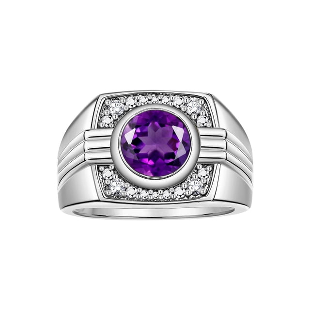 RYLOS Mens Rings 14K White Gold Designer Round Gemstone & Sparkling Diamond Ring Amethyst February Birthstone Rings For Men, Men's Rings, Gold Rings Sizes 8 - 13
