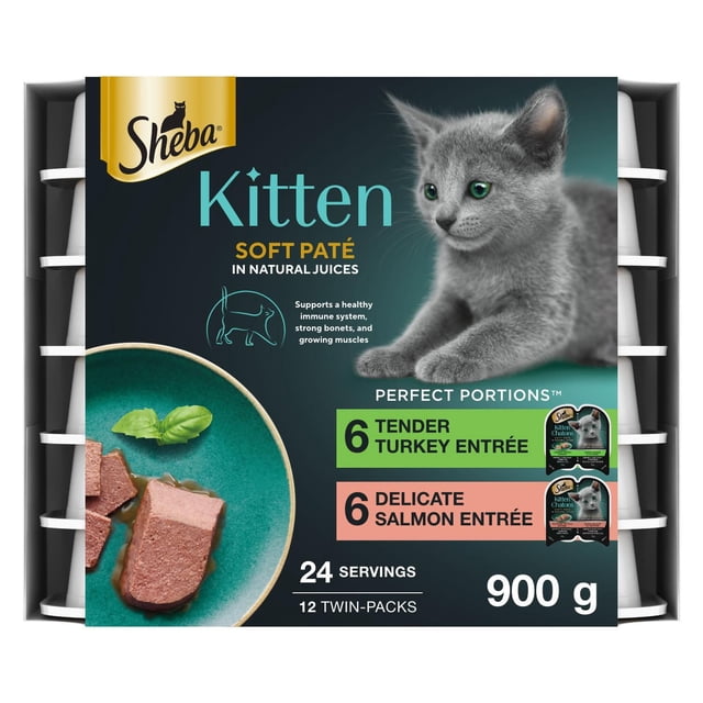 SHEBA PERFECT PORTIONS Kitten Wet Cat Food Soft Paté Tender Turkey Entrée and Delicate Salmon Entrée Variety 12 Pack