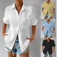 thumbnail image 3 of Chemise Décontractée à Col Rond en Dentelle pour Femmes, Été 2025 Couleur Unie Col à Revers Poche Épissée Manches Courtes Chemise Boutonnée, 3 of 8