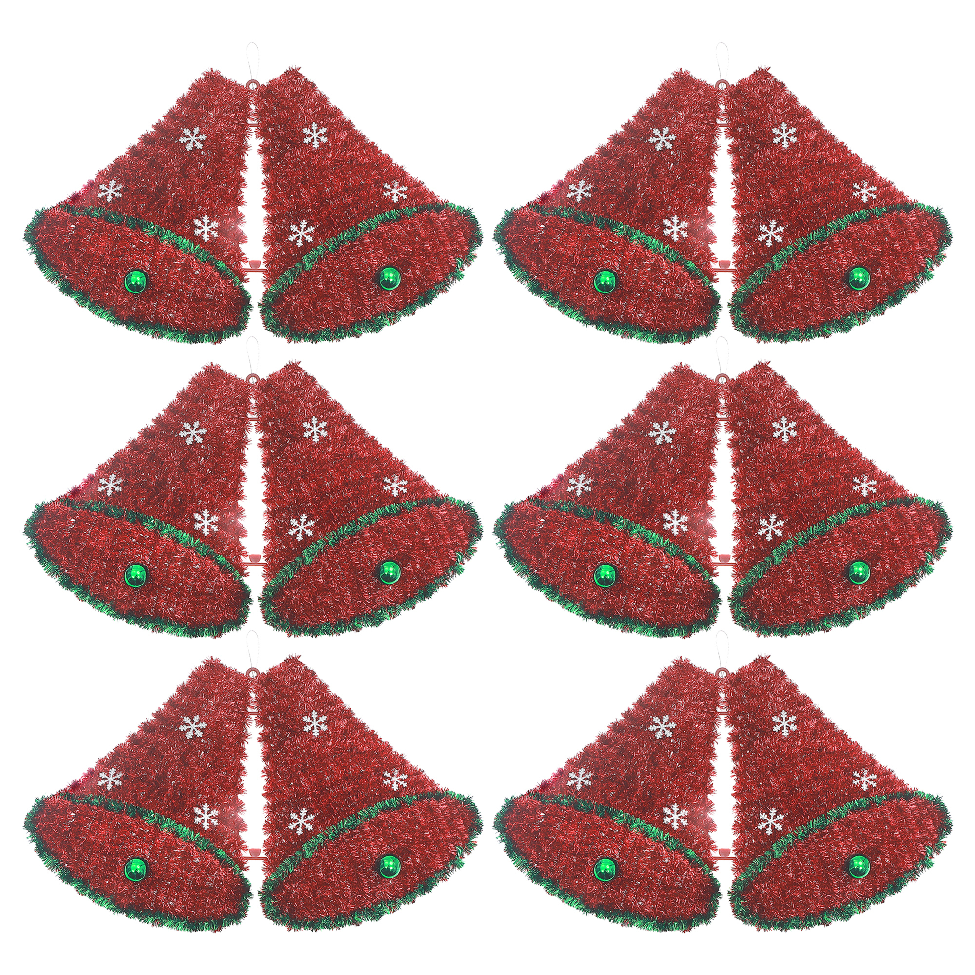 Red Christmas Bells With Balls Tinsel Ornament - Set of 6