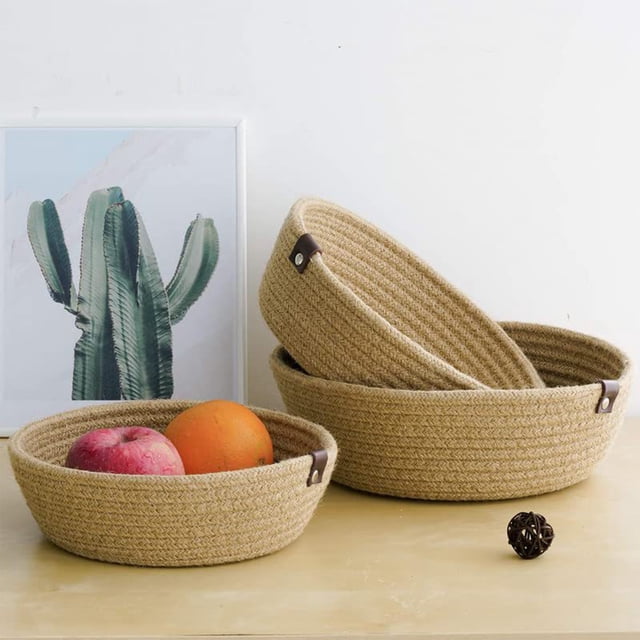 Storage Basket Three Piece Set, Rope Material Organizer, Household Dirty Clothes Toys Miscellaneous Storage, Elegant Design with Leather Handles, Varied Sizes, Easy to Clean