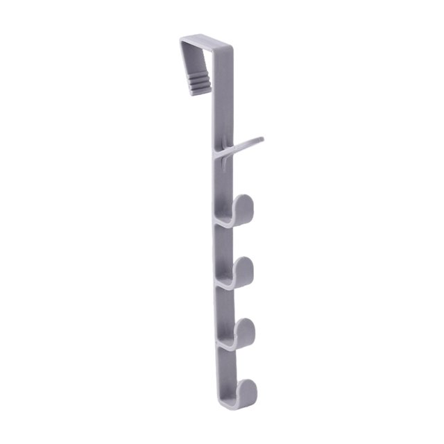 LQXZWJY Over The Door Hooks in grey, featuring a durable metal design with five hooks for hanging coats, towels, hats, and bags. The hanger fits standard doors and includes soft rubber for non-slip protection. Space-saving design ideal for organizing bathrooms, bedrooms, and closets.