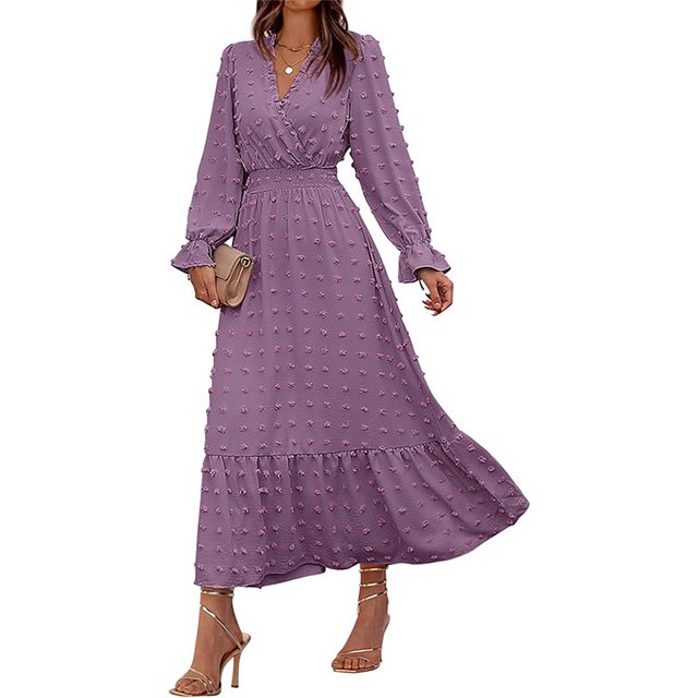 Gspmoly Robes pour Femmes Grande Taille, Robe à Manches Longues Décontractée à Col en V à la Mode pour Femmes au Tempérament, Robes d'Été pour Femmes Offres