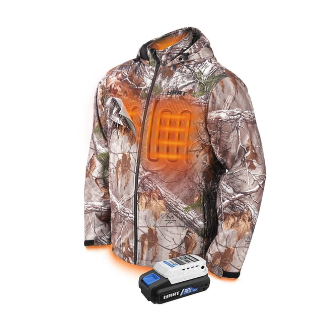 HART 20-Volt Men's Heated Medium-Duty Jacket Kit in Realtree Xtra Camouflage, front 3/4 view with hood, showing carbon fiber heating zones on chest and back, includes 20V 1.5Ah battery pack with USB charging port, made of wind and water-resistant polyester, suitable for outdoor winter activities and camping.