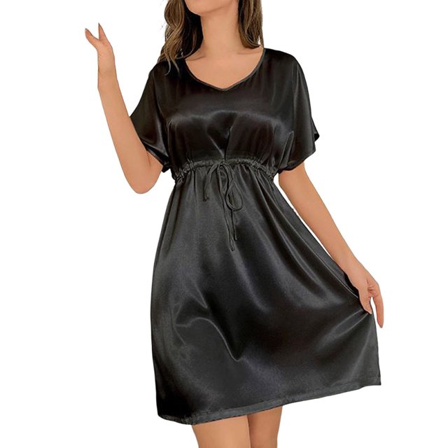 Timegard Robe de Pyjama pour Femme à Col en V, Manches Courtes, Cordon de Serrage, Robe Décontractée et Confortable, Tenue d'Intérieur, Couleur Unie