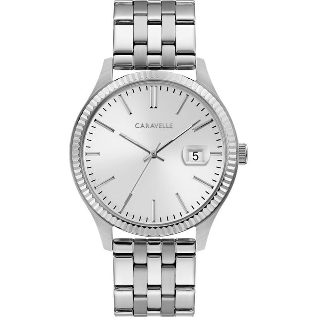 Caravelle Mens Silver-Tone Quartz Watch with a 40mm stainless steel case and bracelet, featuring a textured coin-edge bezel, silver-white dial with three hands, date magnifier at 3 o'clock, and double-push fold-over closure, water resistant up to 30m, also suitable for everyday wear and formal occasions.