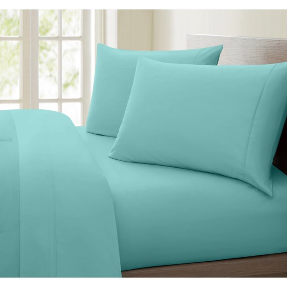 Ensemble de Draps Uni 100 % Coton, 1200 Fils (California Très Grand, Aqua)