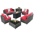 thumbnail image 1 of Patiojoy 9 PCS Rattan Dinning Set Wicker Sofa w/Propane Gas Fire Pit 60,000 Btu Heater Red, 1 of 10