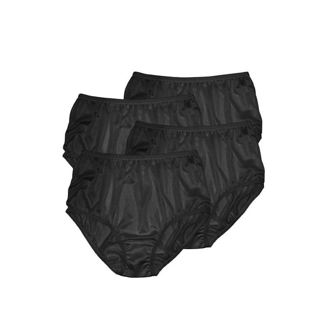 Teri Lingerie Plain Jane Full Cut Nylon Brief 4-Pack 331 featuring four black full-cut nylon briefs. These briefs are subtly shaped to follow the natural contours of the body, offering a smooth and silky feel with a satin finish. Designed with a covered elastic waistband and soft scalloped trim for added comfort and no pinching. Ideal for women seeking a comfortable and secure fit.
