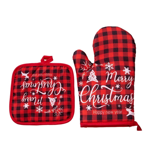 WHEANG Christmas Baking Heat Gloves Christmas Oven Microwave Gloves Mat Set Cotton Potholder Machine Washable Microwave Oven Mitts Heat Proof Pads For Kitchen Baking