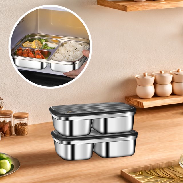 yulier Stainless Steel Bento Box, 3 Compartments Lunch Box for Adults, Leak-Proof Bento Lunch Container for Work Travel Picnic, Divided Food Storage Containers, Black