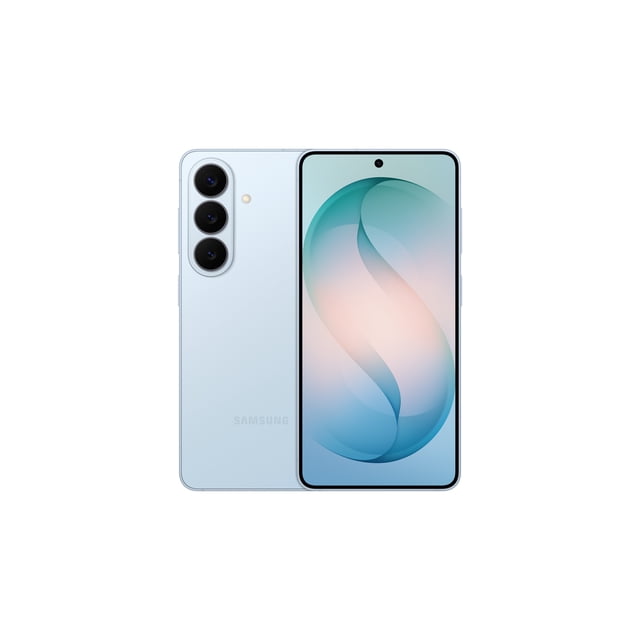 Samsung Galaxy S26 512GB unlocked phone in light blue shown front and back with triple rear cameras and centered punch-hole front camera on an ultra-vivid display, featuring AI-powered photo assist and immersive viewing, often used for gaming and creative content.
