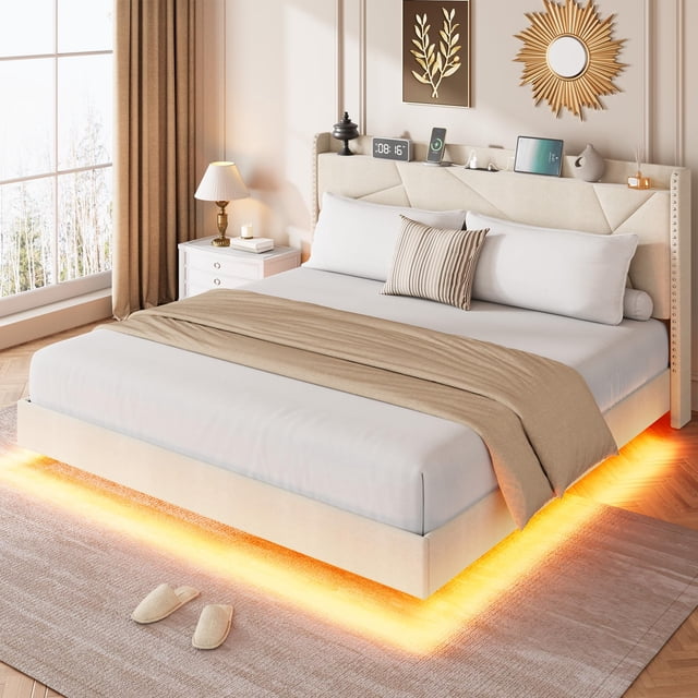 King Size Floating Bed Frame with LED Lights & Charging Station - Upholstered Platform Bed with Storage Headboard, Folding Shelves & Metal Slats, No Box Spring Needed, Beige