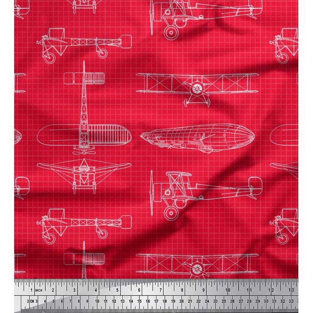 Soimoi Modal Satin Fabric Check & Airplane Transport Print Fabric by Yard 42 Inch Wide