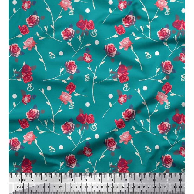 Soimoi Tissu Crêpe Polyester Feuilles, & Imprimés Floraux Roses au Mètre 42 Pouces de Large