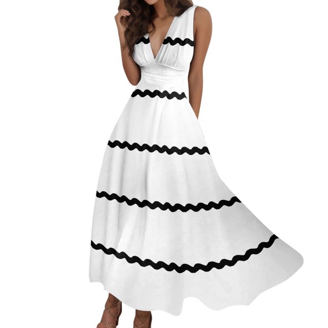 TJAZFJPA Robe Soleil Blanche Femme Été Aguichant Col en V Profond Formelle Sans Manches Longue Robe Dégradé Fermeture Éclair Évasée Robes Femme Robes Formelles pour Ados