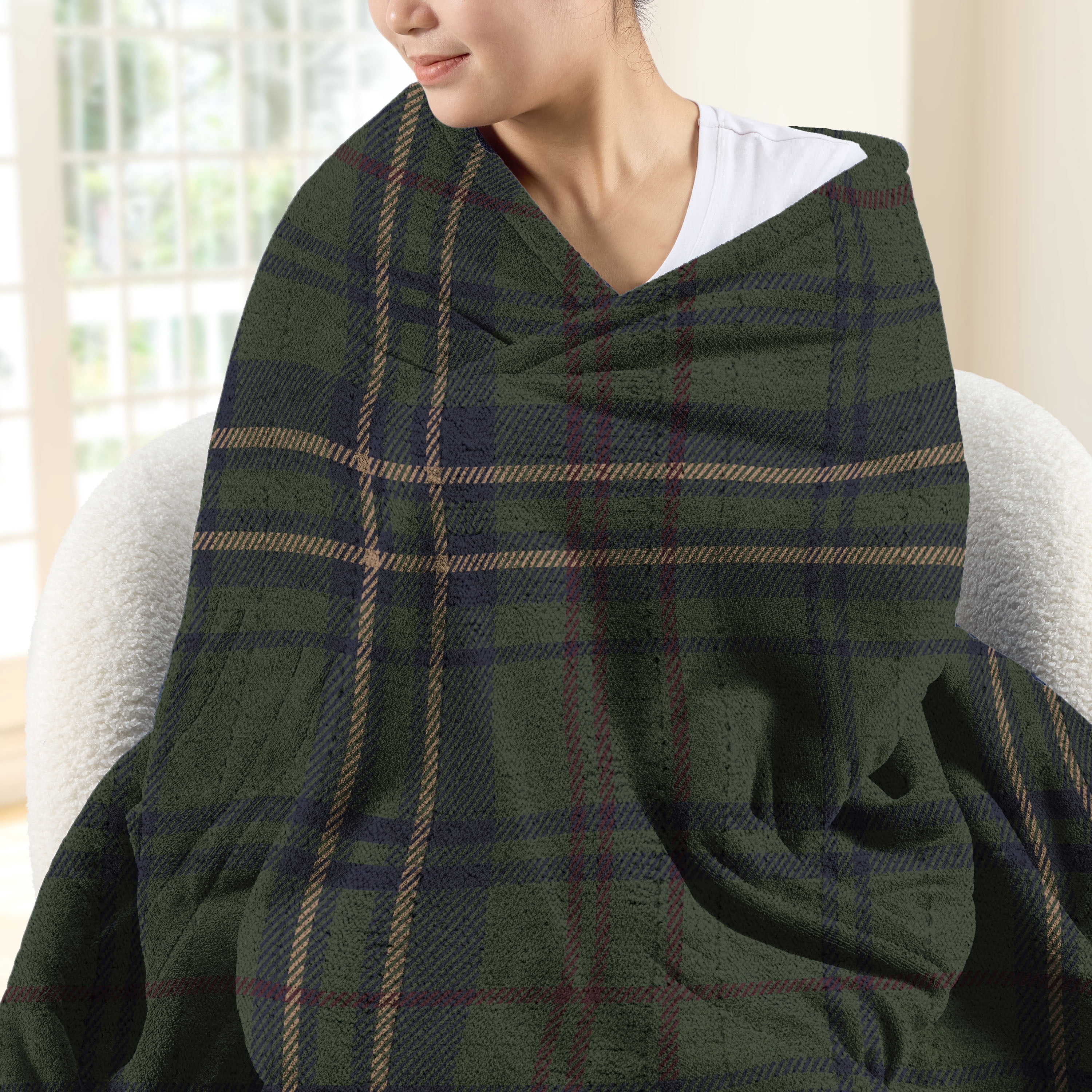 Sunbeam Heated Olive Plaid Throw Blanket Microplush Faux Shearling 4 Heat 50x70