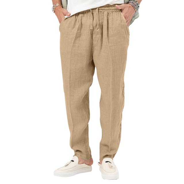 Innerwin Trousers Drawstring Men Bottoms Holiday High Waist Lightweight Summer Pants Khaki M