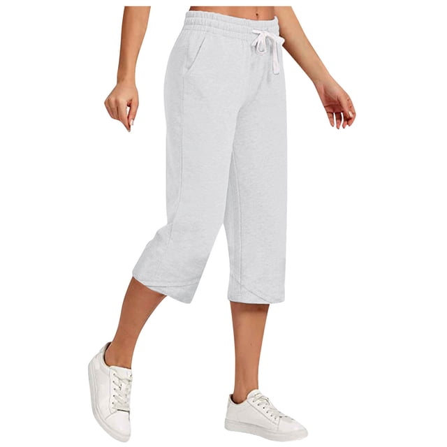 AherBiu Womens Capris for Summer Cotton Linen High Waisted Drawstring Cropped Pants Loose Lounge Capris Trousers