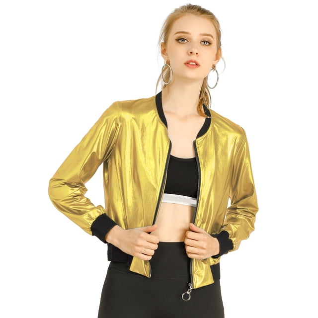 INSPIRE CHIC Women's Costume Stand Collar Metallic Zip Crop Length Bomber Jacket