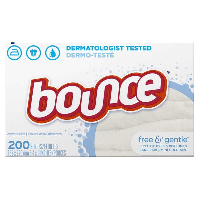 Bounce Free & Gentle Fabric Softener Dryer Sheets box containing 200 sheets, dermatologist tested and hypoallergenic, free of dyes and perfumes, designed for sensitive skin, helps reduce static cling and wrinkles, measures 6.4 by 9 inches, white and blue packaging with Bounce logo.