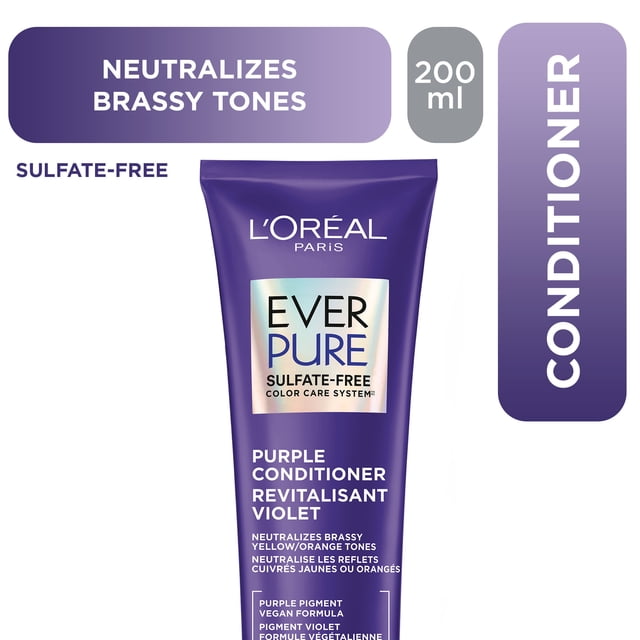 EverPure Purple Conditioner by L'Oréal Paris in a 200 ml purple tube, sulfate-free formula that neutralizes brassy yellow and orange tones, contains vegan purple pigment, and provides color care for brighter, hydrated hair.