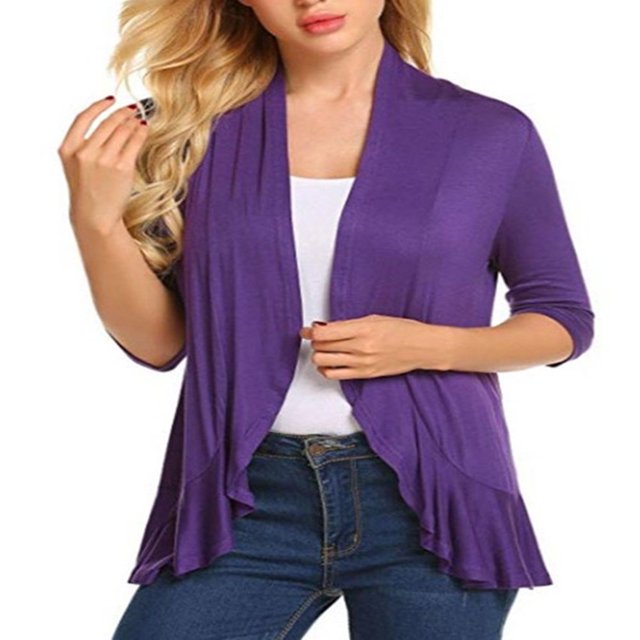 Women Ruffle Hem 3/4 Sleeve Cardigan Open Front Knit Sweaters Coat Solid Lightweight Basic Outwear Light gray 2XL