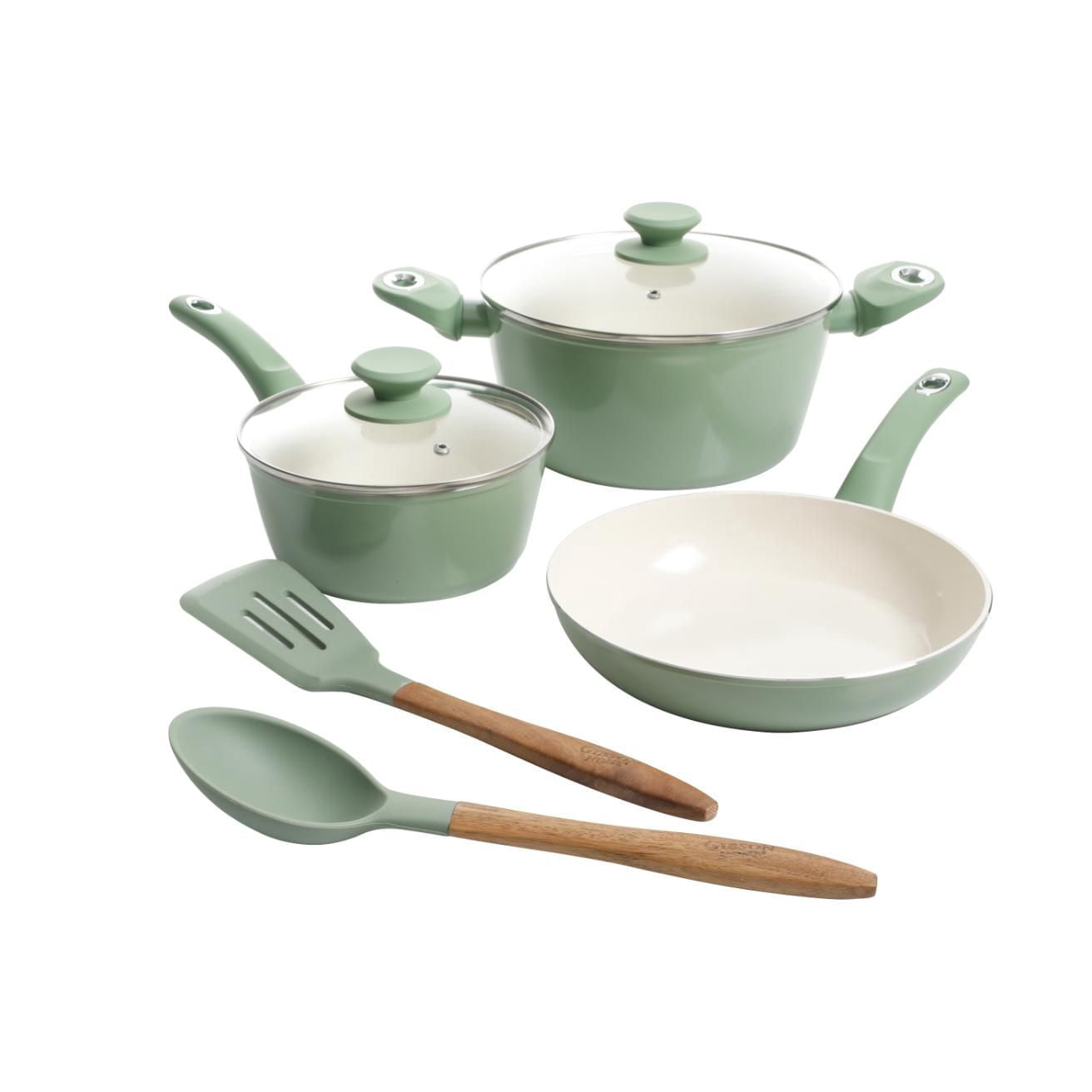 Gibson Plaza Café Batterie de cuisine 7 pièces en aluminium Menthe avec poignée en bakélite douce au toucher