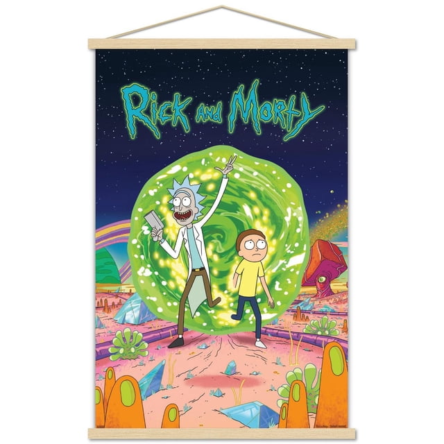 Rick And Morty - Affiche Murale de Couverture, 22,375 Pouces x 34 Pouces Représentant des Personnages Animés Rick And Morty Debout devant un Portail Vert Tourbillonnant sur un Paysage Extraterrestre vibrant avec des Plantes Colorées et des Cristaux sous un Ciel Étoilé, Imprimée sur Papier d'Affiche Lustré avec un Cintre en Bois, Idéale pour Décorer des Chambres, des Bureaux Ou des Résidences Étudiantes.