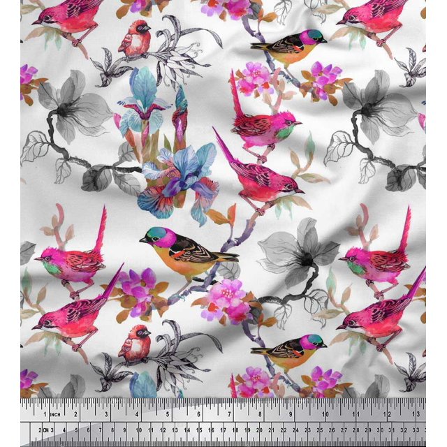 Soimoi Moss Georgette Fabric Floral & Sparrow Bird Fabric Prints by Yard 42 Inch Wide