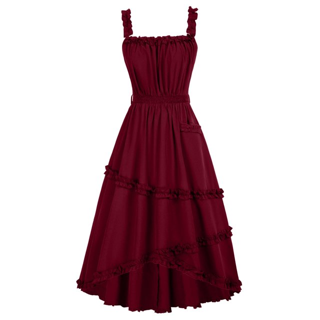 Pisexur Robe Renaissance pour Femme à Encolure Carrée, Robe Maxi à Dos Nu, Mode, Volants, Robes de Cocktail, Élégante, Sans Manches, Robe d'Invitée de Mariage, Couleur Unie, Fluide, Robes de Retour à la Maison